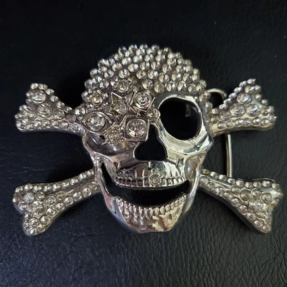 Silver Rhinestone Skull and Crossbones Belt Buckle Y2K Bling Goth Punk Rock READ